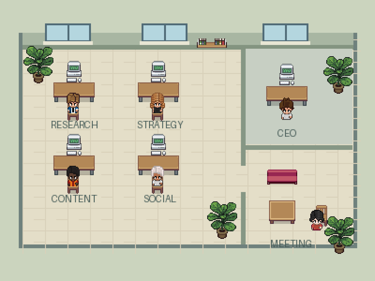 Illustration using DeepFox’s pixel office assets: employees at their desks, a meeting area and a CEO office